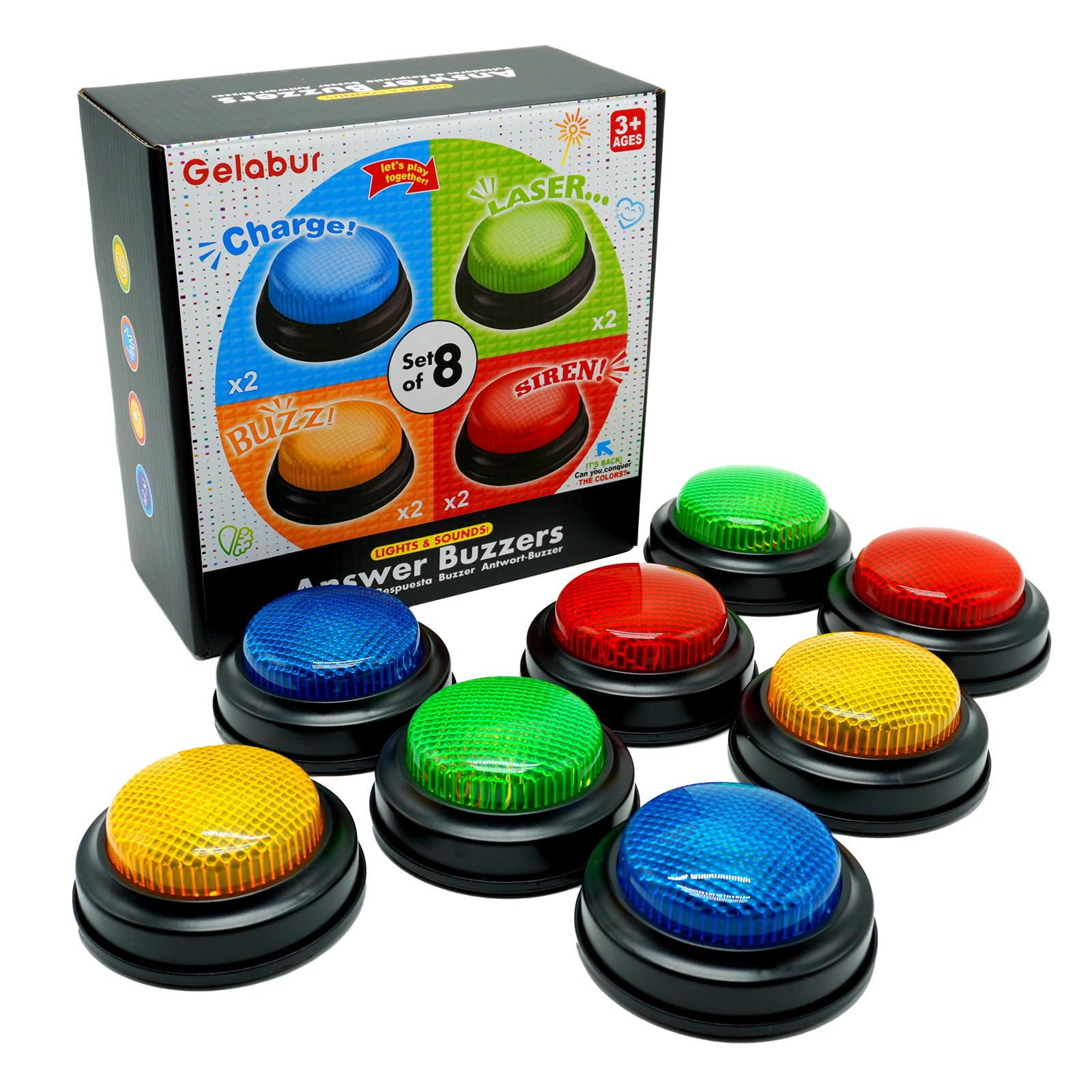 Gelabur front packaging showing eight colored buzzers benefit clear identification