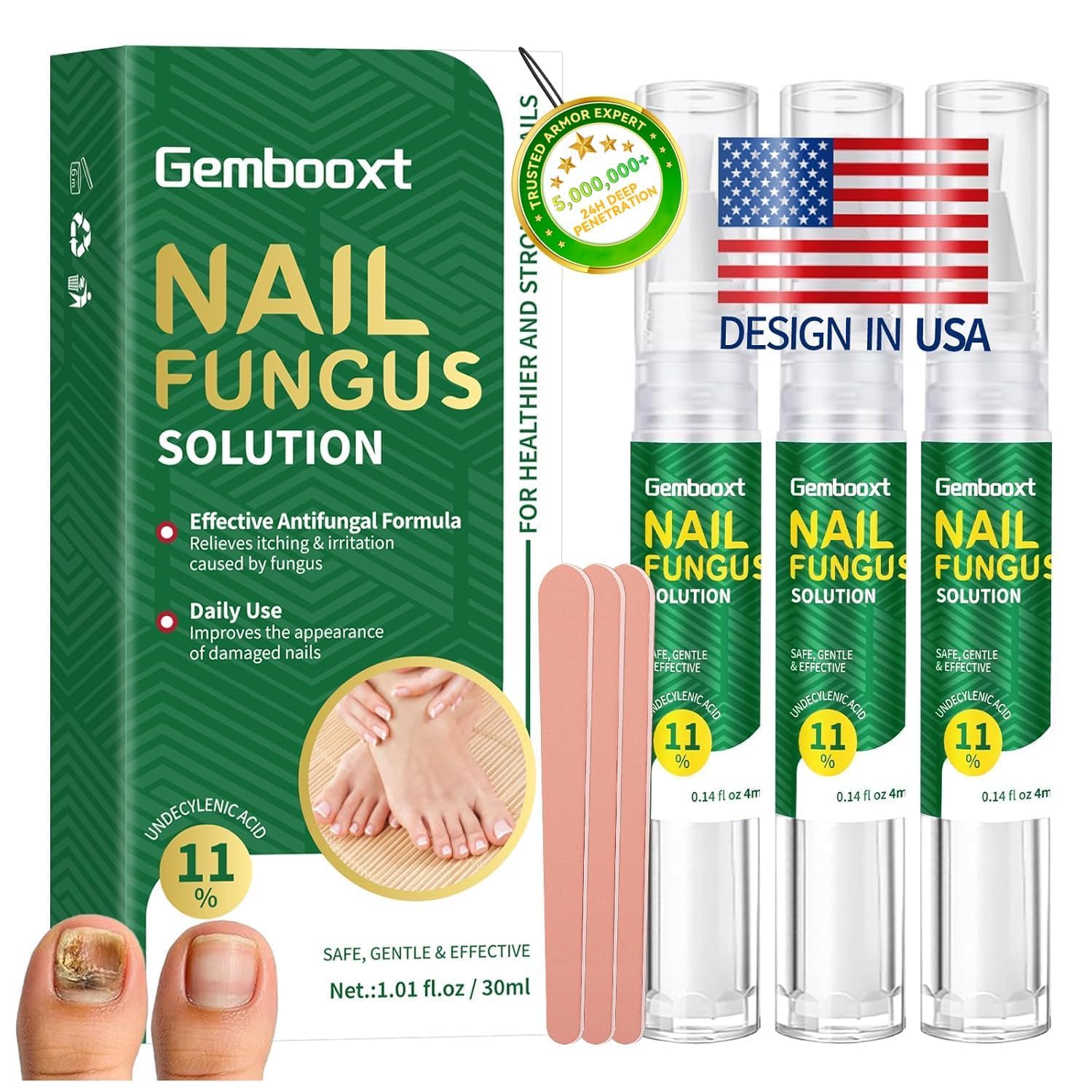 Gembooxt front packaging showing compact antifungal pen and benefits