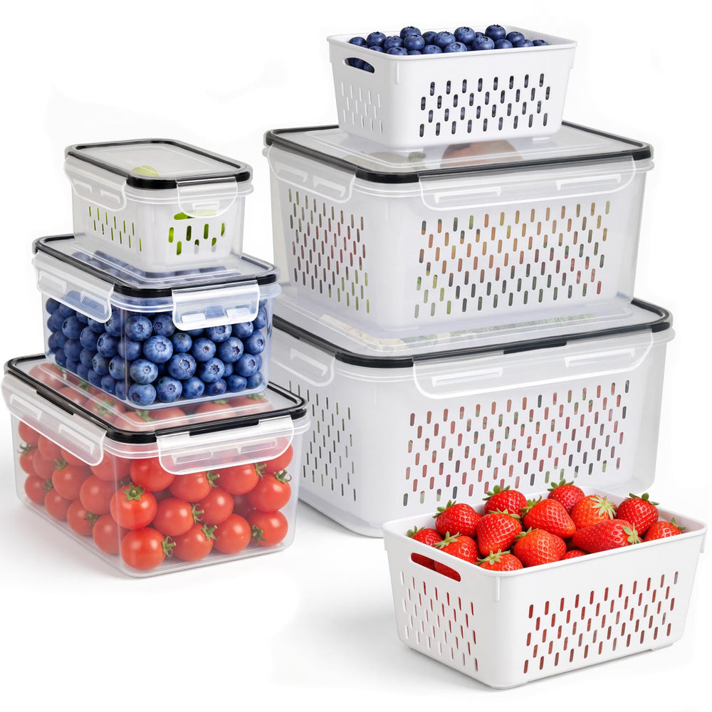 Generic front view of 5-piece fruit container set showing sizes and benefit of organized storage