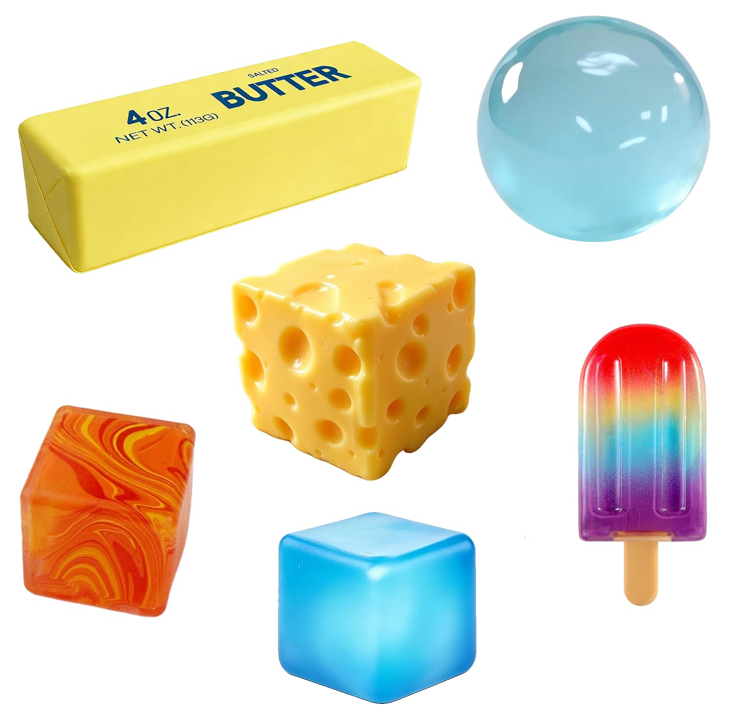 Generic front packaging showing the six-piece squishy set and quick grab benefit