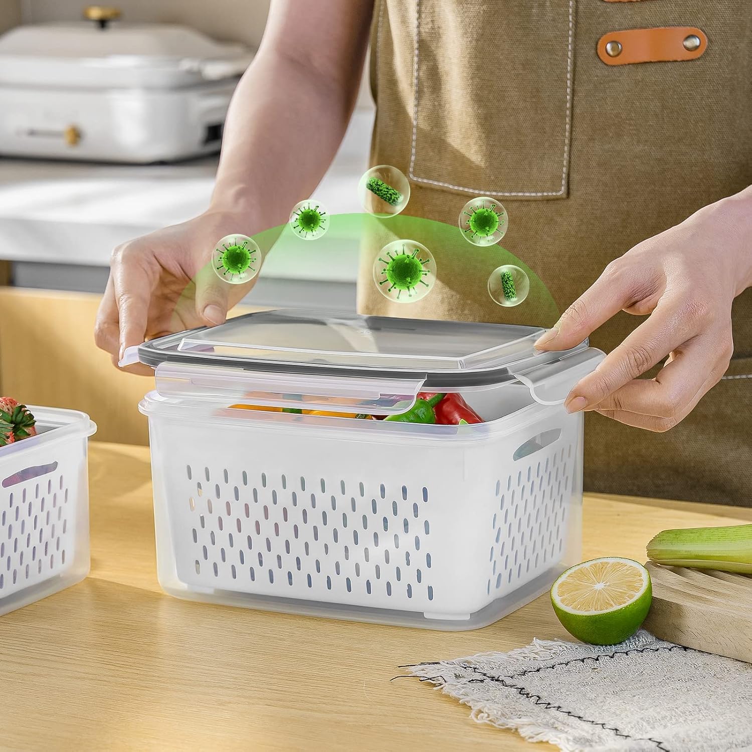 Generic refrigerator shelf with containers holding fruit to keep groceries visible and fresher