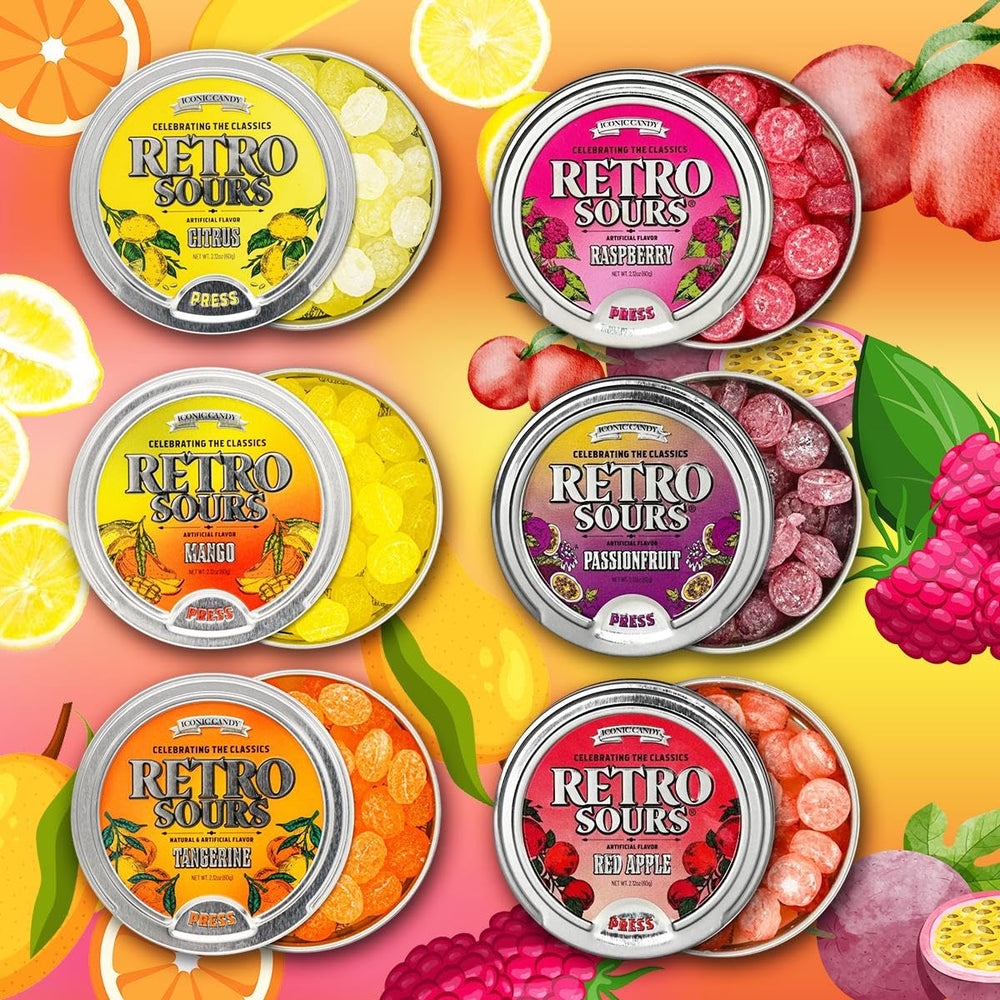 Generic Retro Sours front tin shows vibrant label and easy gifting