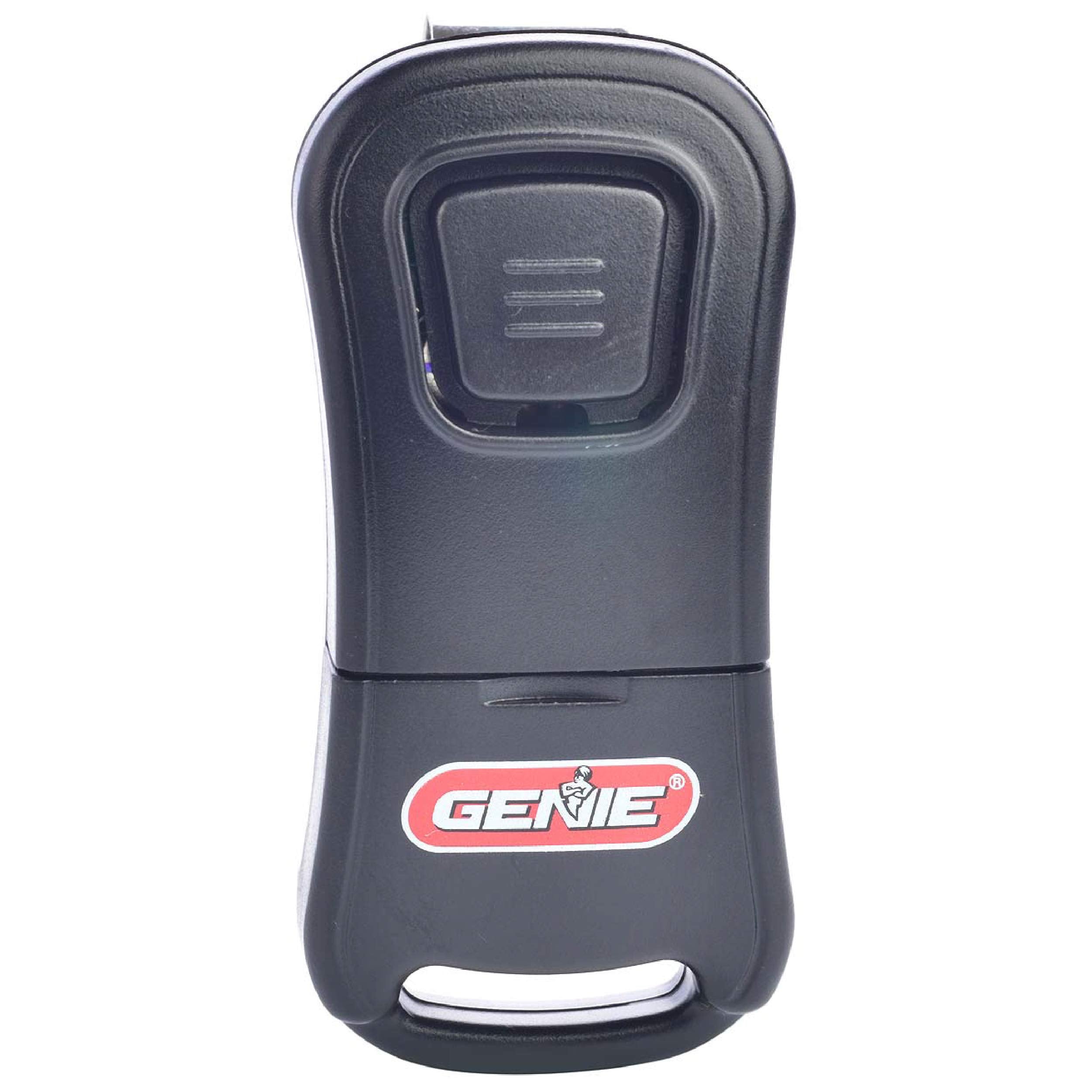 Genie remote front view showing compact design and one-button ease