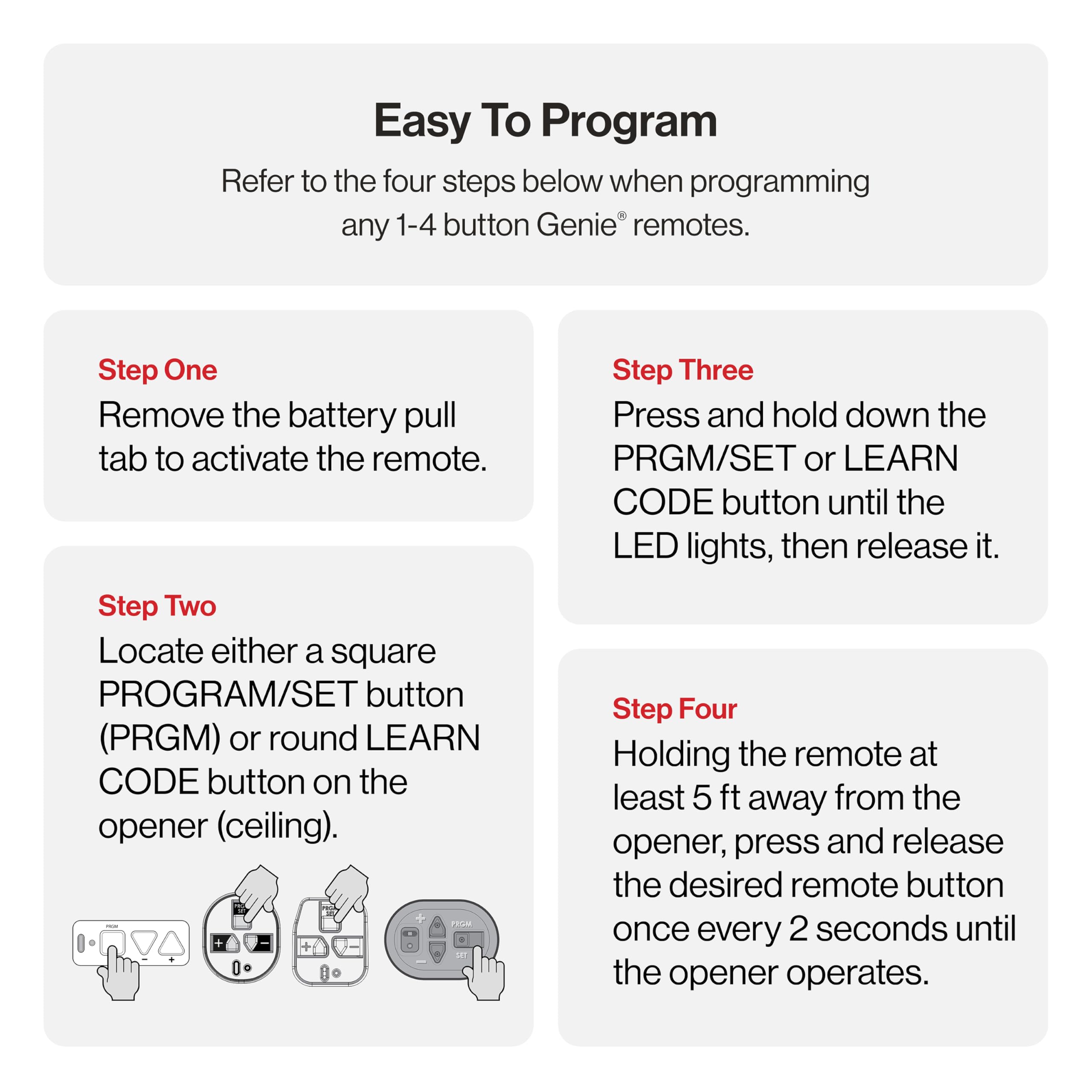 Genie remote with packaging and manual showing included programming guide