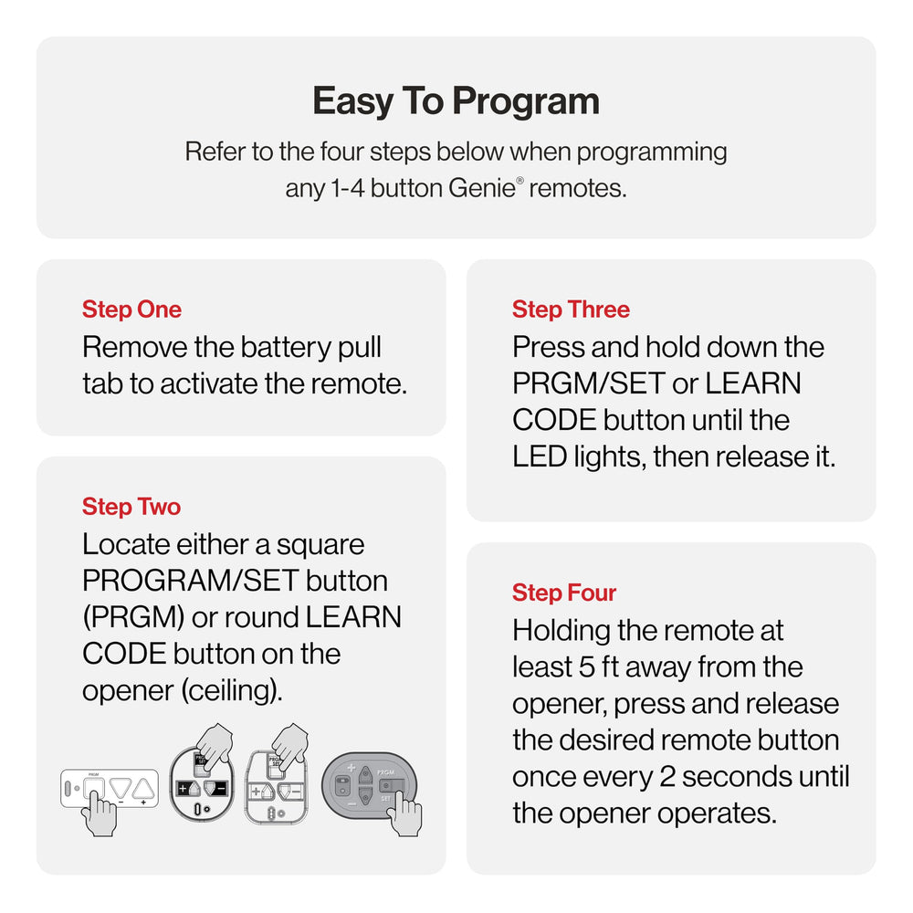 Genie remote with packaging and manual showing included programming guide