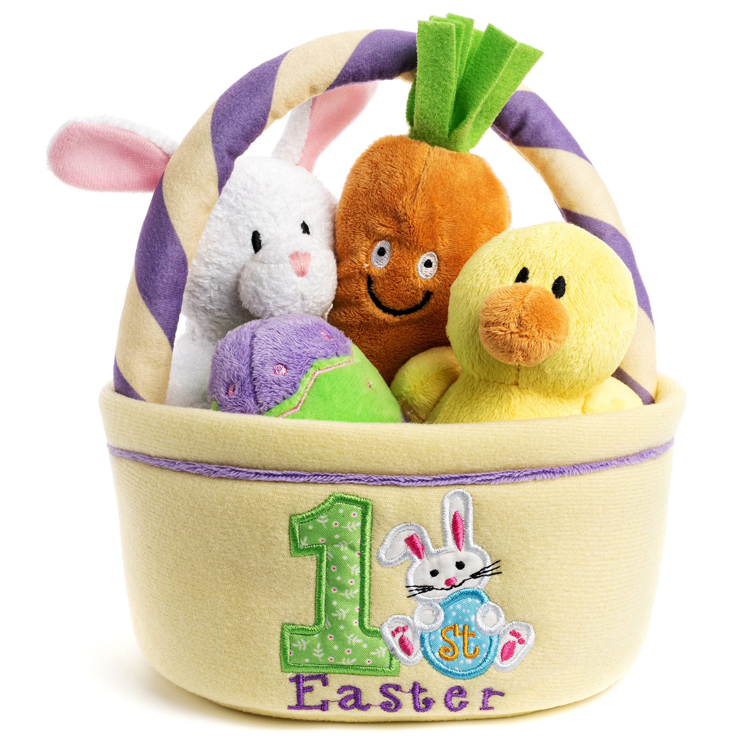 Genius Baby Toys top-down layout of basket and four plush toys highlighting contents