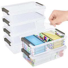 GEOPHIA front view of six clear pencil boxes showing neat storage benefit