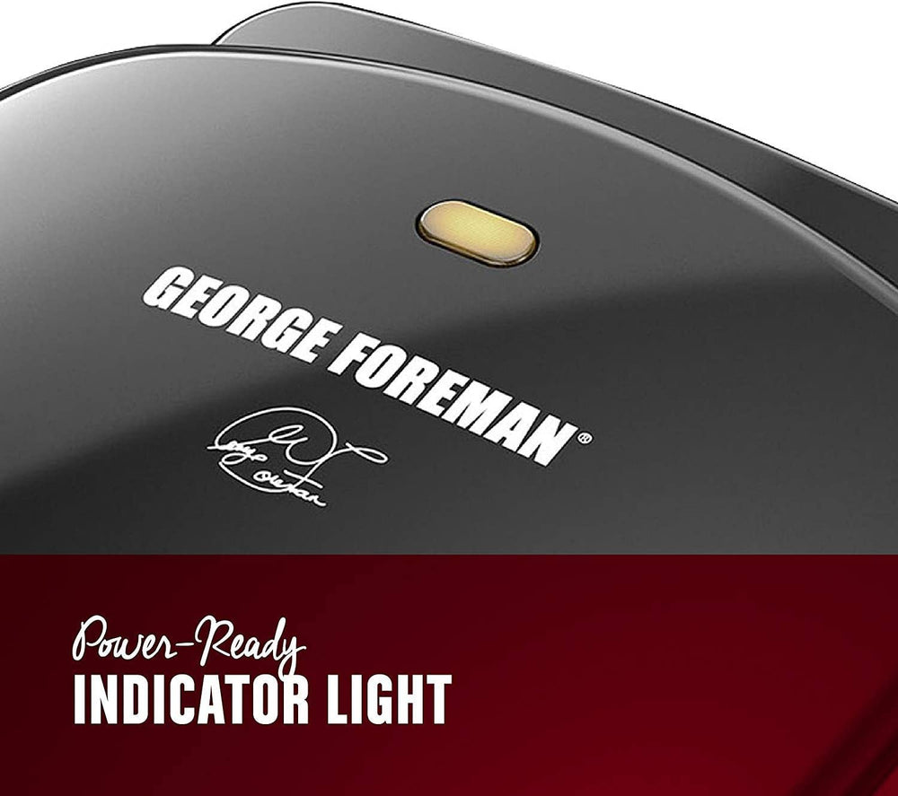 George Foreman GR10B open with a panini inside showing pressed sandwich convenience