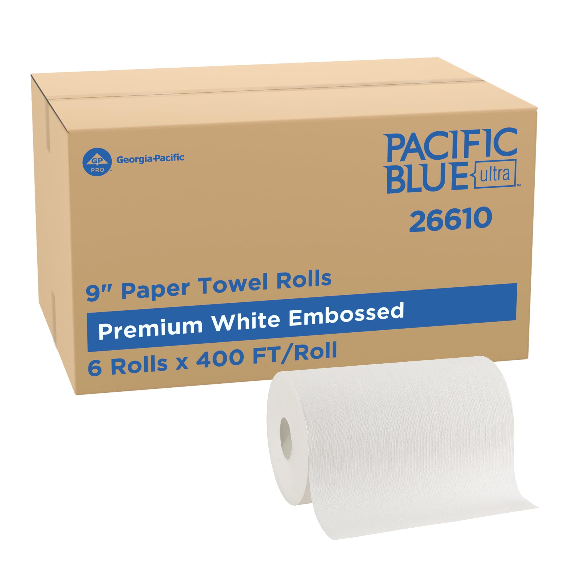 Georgia-Pacific Pacific Blue Ultra front packaging showing product and case benefits
