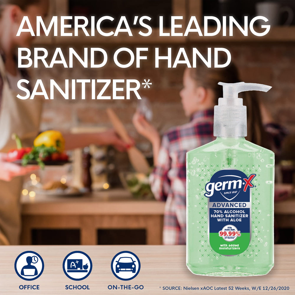 Germ-X next to a hand for scale showing portable, travel-ready benefit
