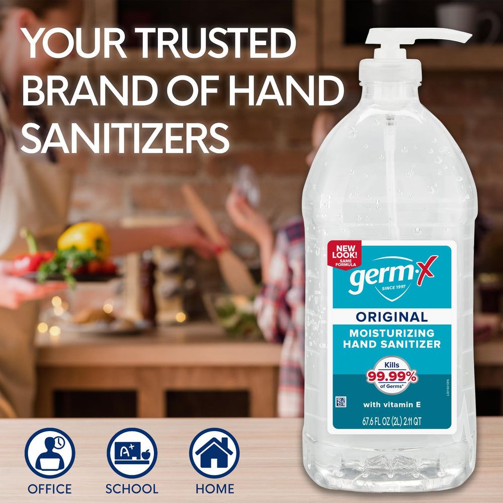 Germ-X bottle next to hand showing large 67.4 fl oz scale and supply advantage
