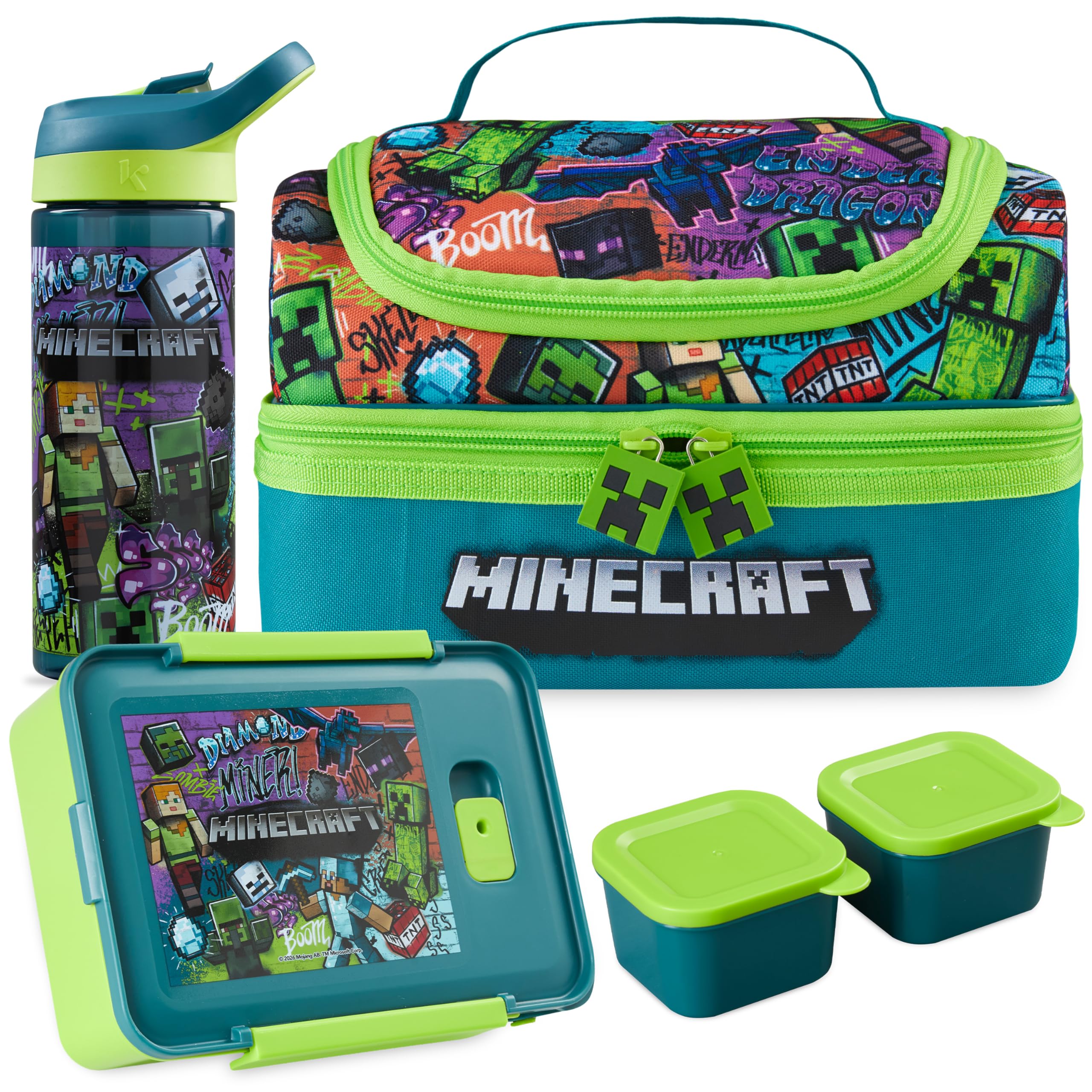 Get Trend lunch set front view showing Minecraft print and carry handle for fun transport