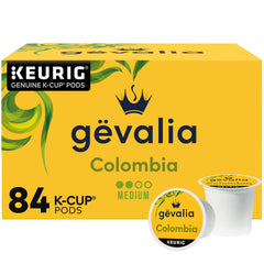 Gevalia box front showing Colombia 84 count for convenient supply