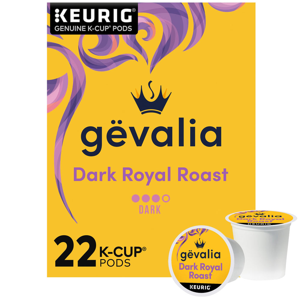 Gevalia front packaging showing 22 ct box and bold roast branding benefits convenience