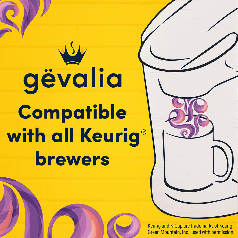 Gevalia dark coffee being poured into a mug showing smooth crema and bold flavor