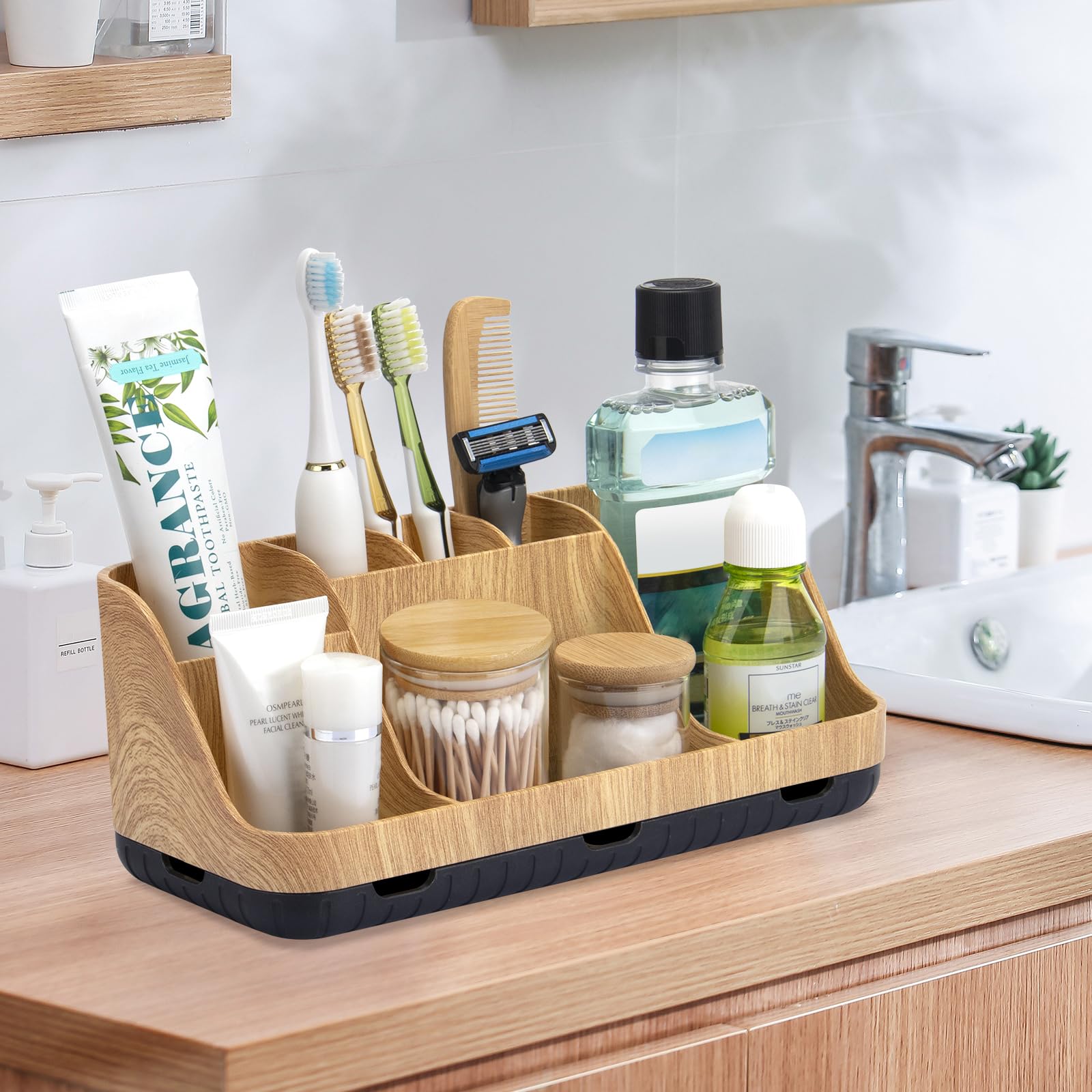 GFWARE scale comparison on vanity showing compact space-saving benefit