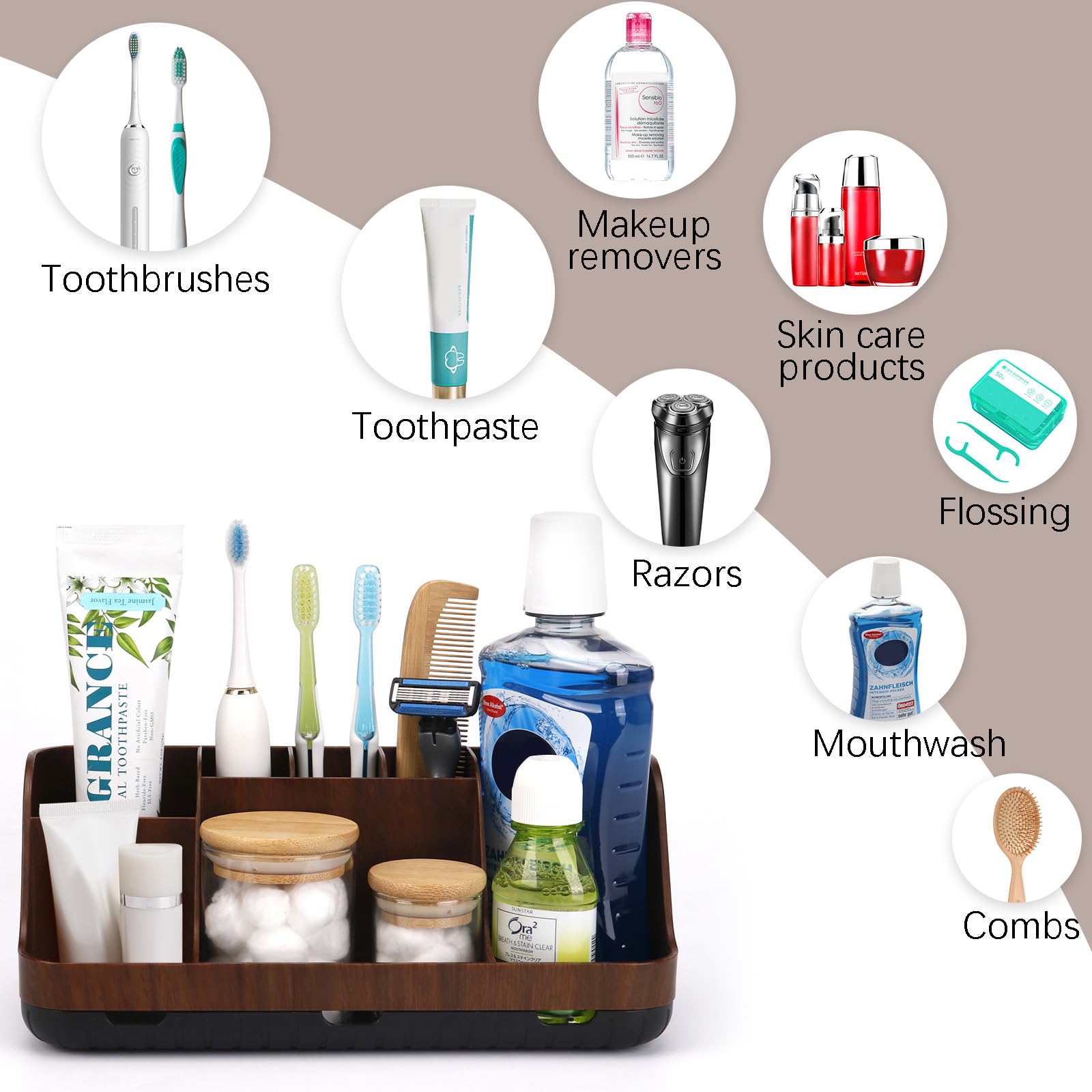 GFWARE holder styled on bathroom vanity creating organized look