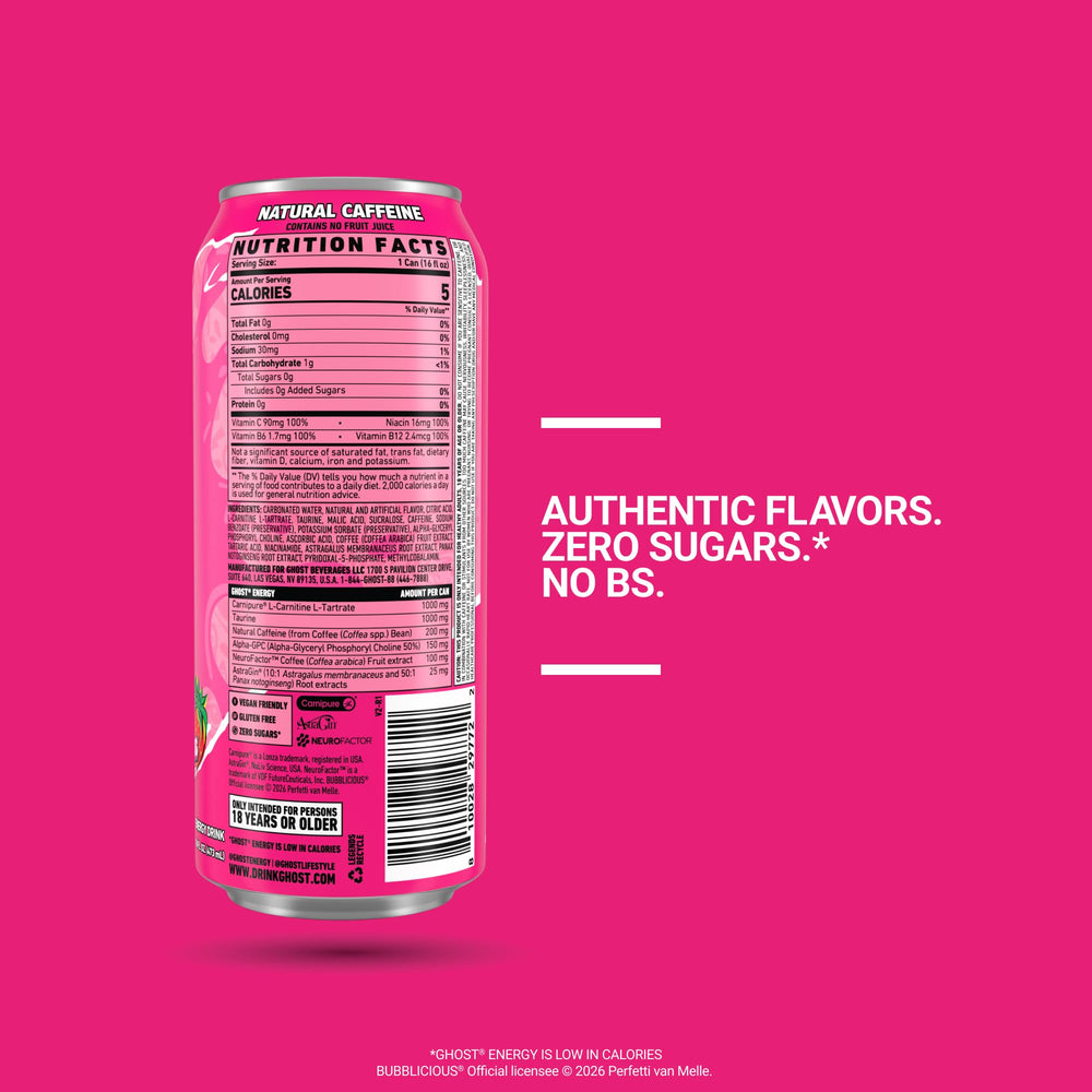 GHOST close-up of can label highlighting full-disclosure ingredient panel