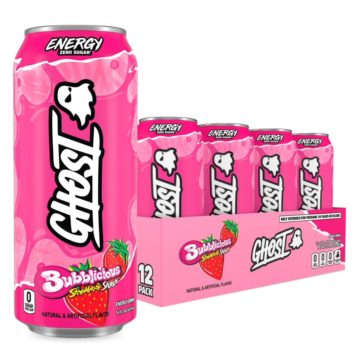 GHOST Bubblicious front packaging showing 16oz can and 12-pack convenience