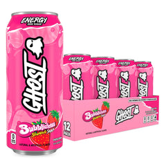 GHOST Bubblicious front packaging showing 16oz can and 12-pack convenience