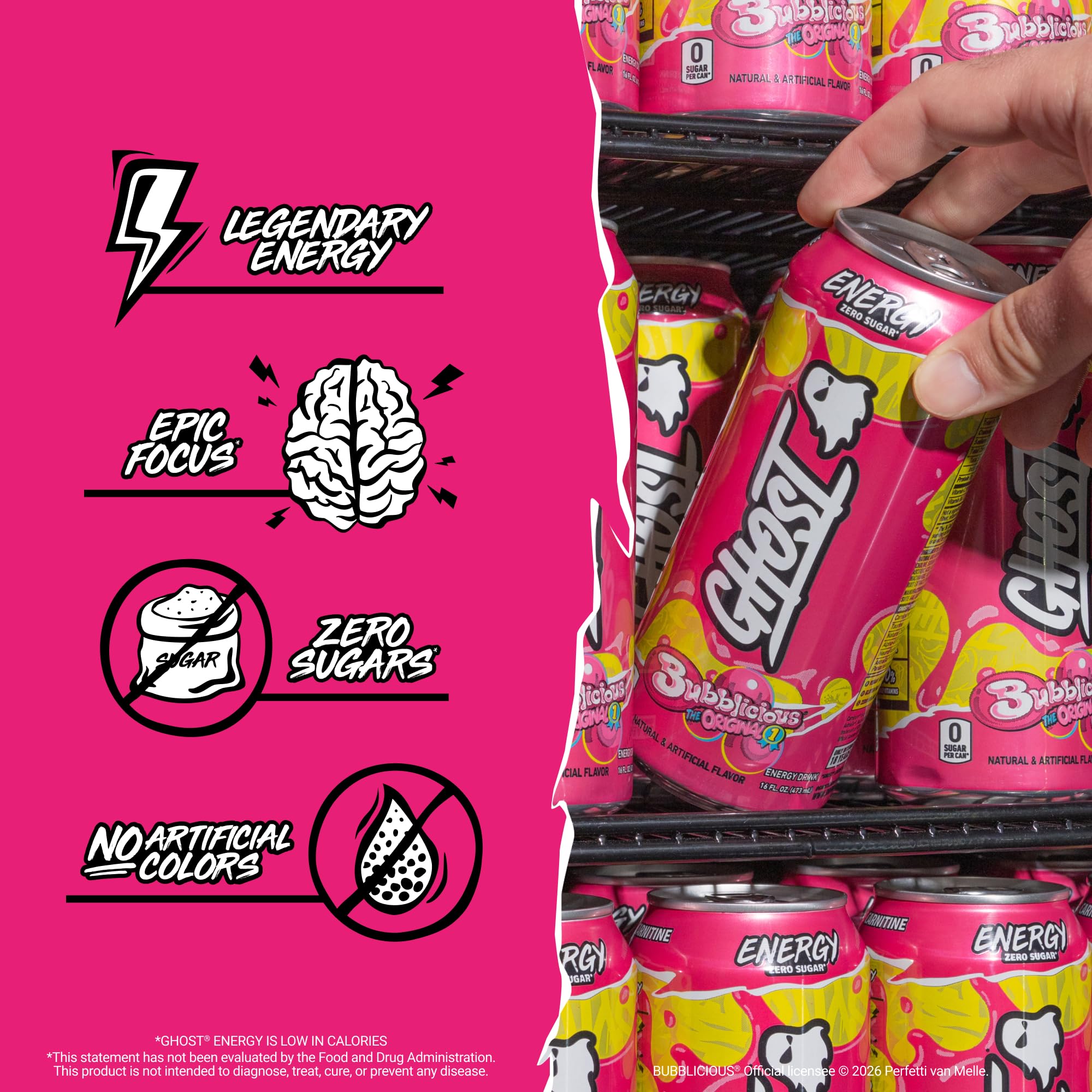 GHOST Bubblicious label ingredients close-up showing full-disclosure doses benefit