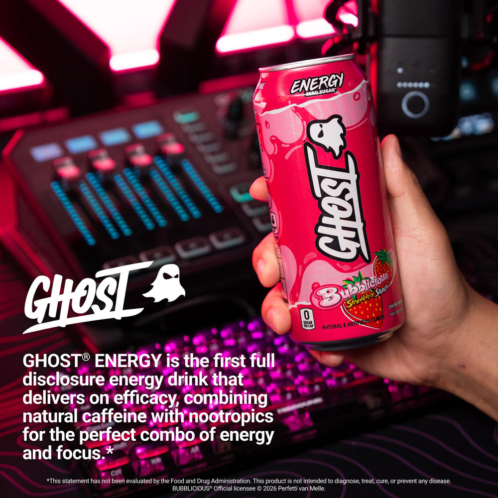 GHOST can beside gym bag showing energy boost before workouts