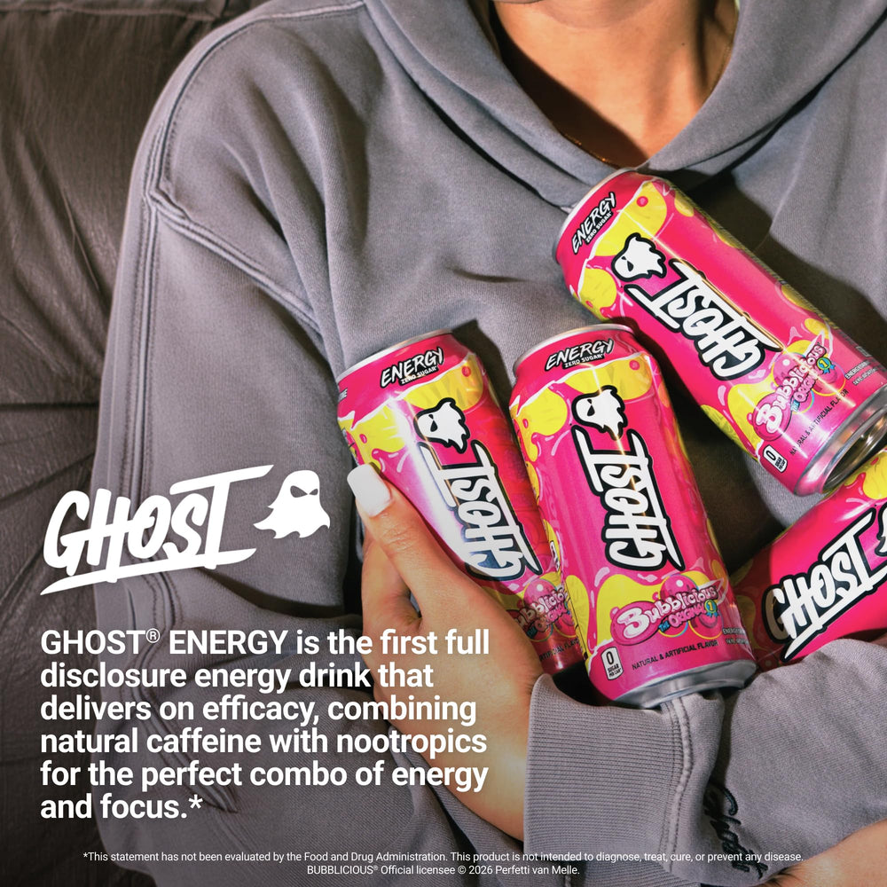 GHOST Bubblicious can in outdoor setting showcasing portable energy for active days