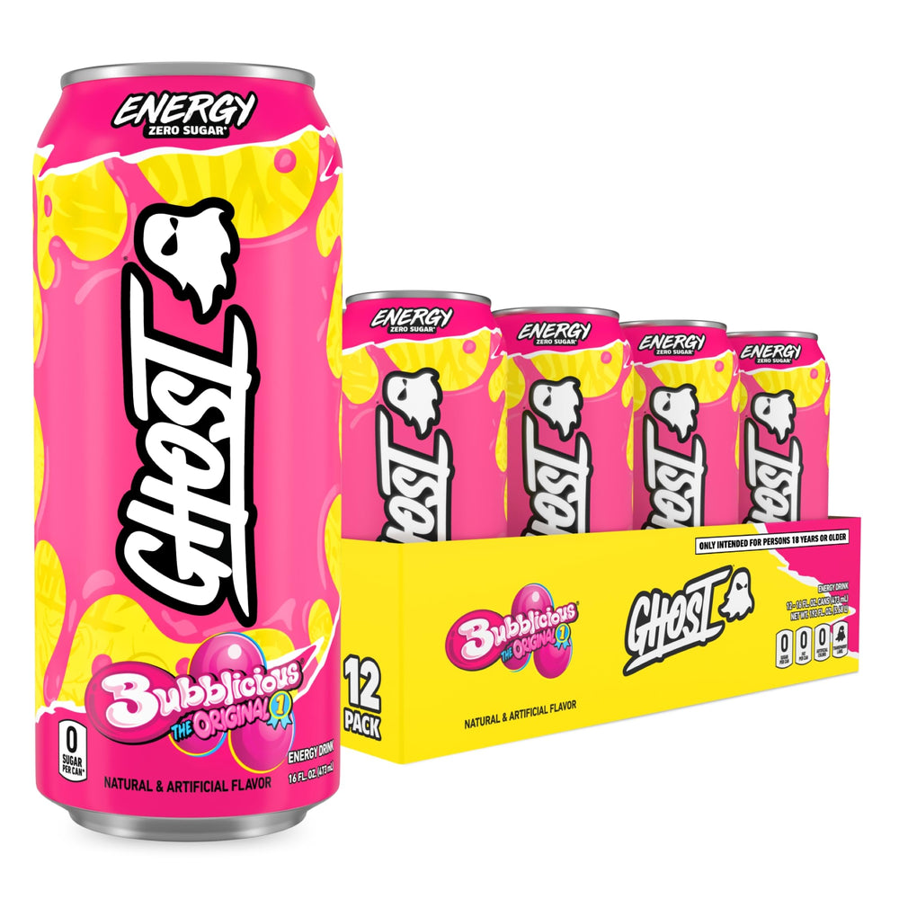 GHOST Bubblicious pack front showing 12 cans and clear branding benefits