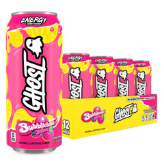 GHOST Bubblicious pack front showing 12 cans and clear branding benefits