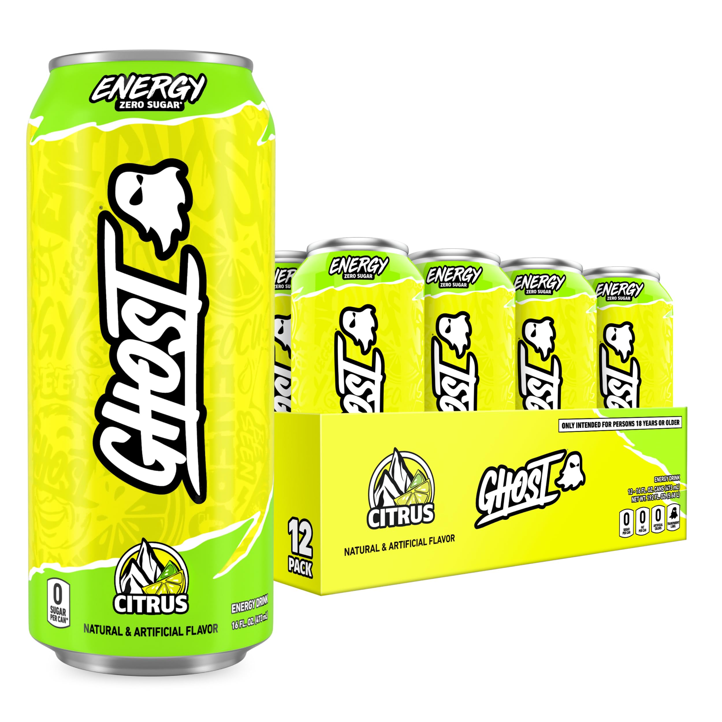 GHOST citrus front packaging showing 12-pack and bold branding for convenience