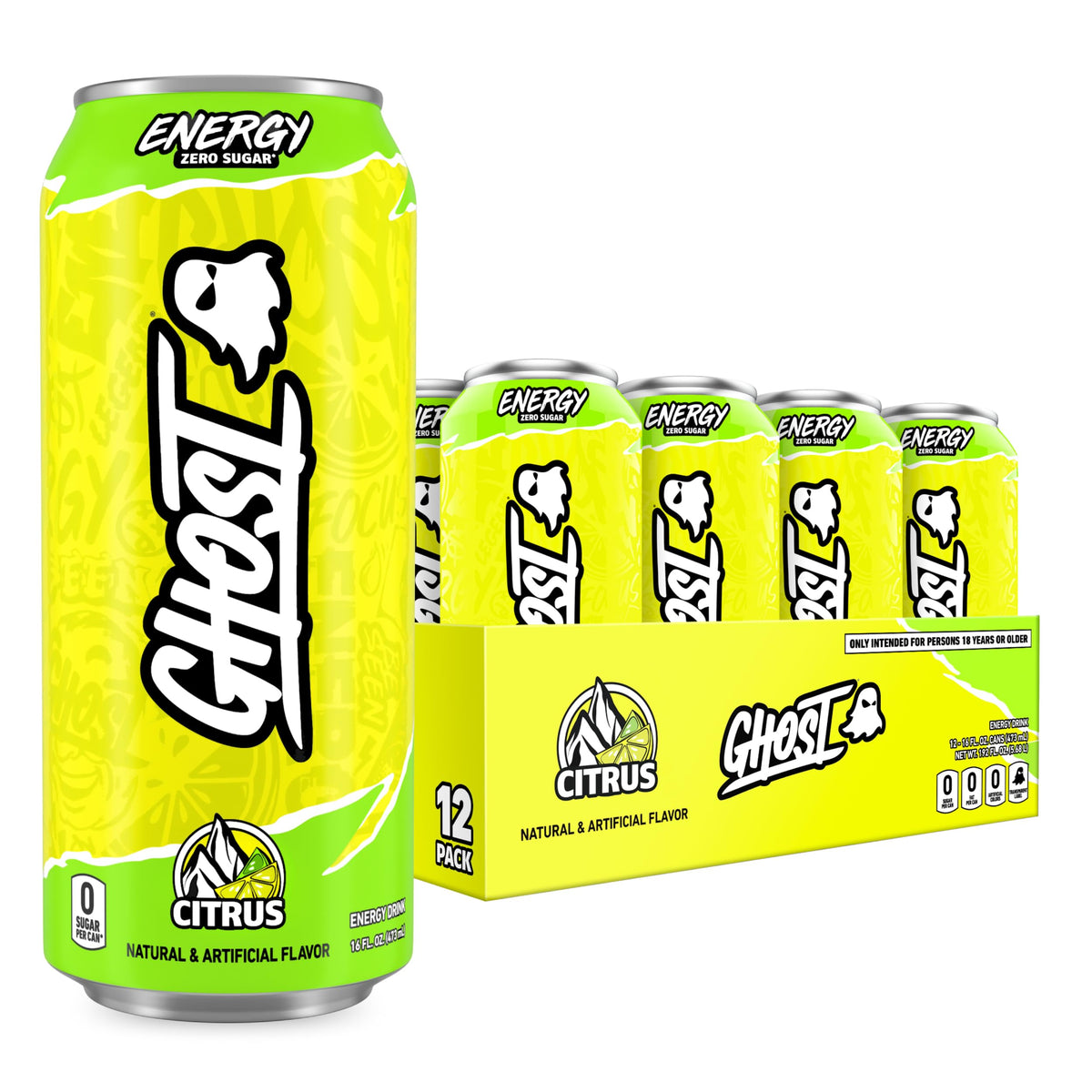 GHOST citrus front packaging showing 12-pack and bold branding for convenience