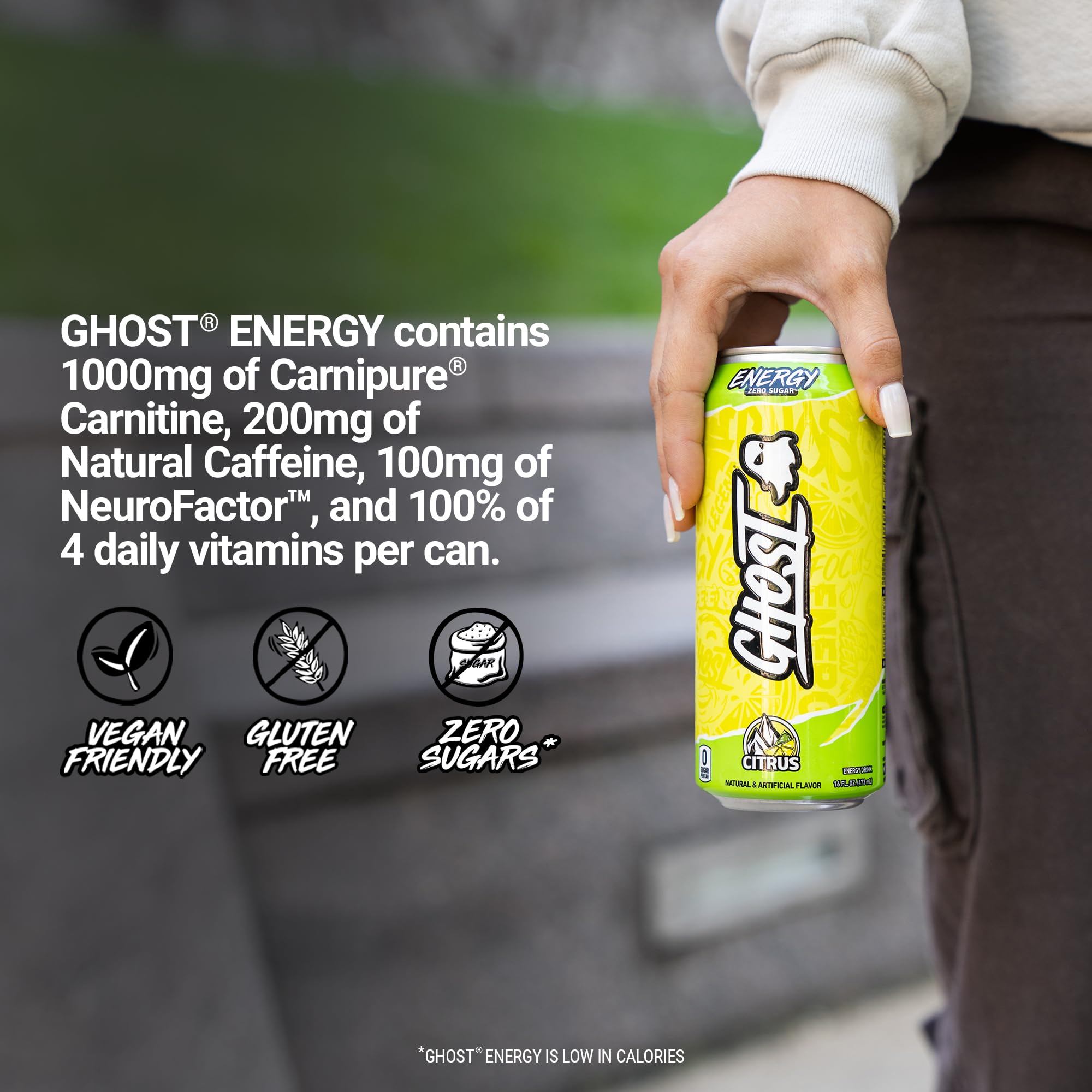 GHOST held in hand for scale demonstrating 16oz can size and on-the-go convenience