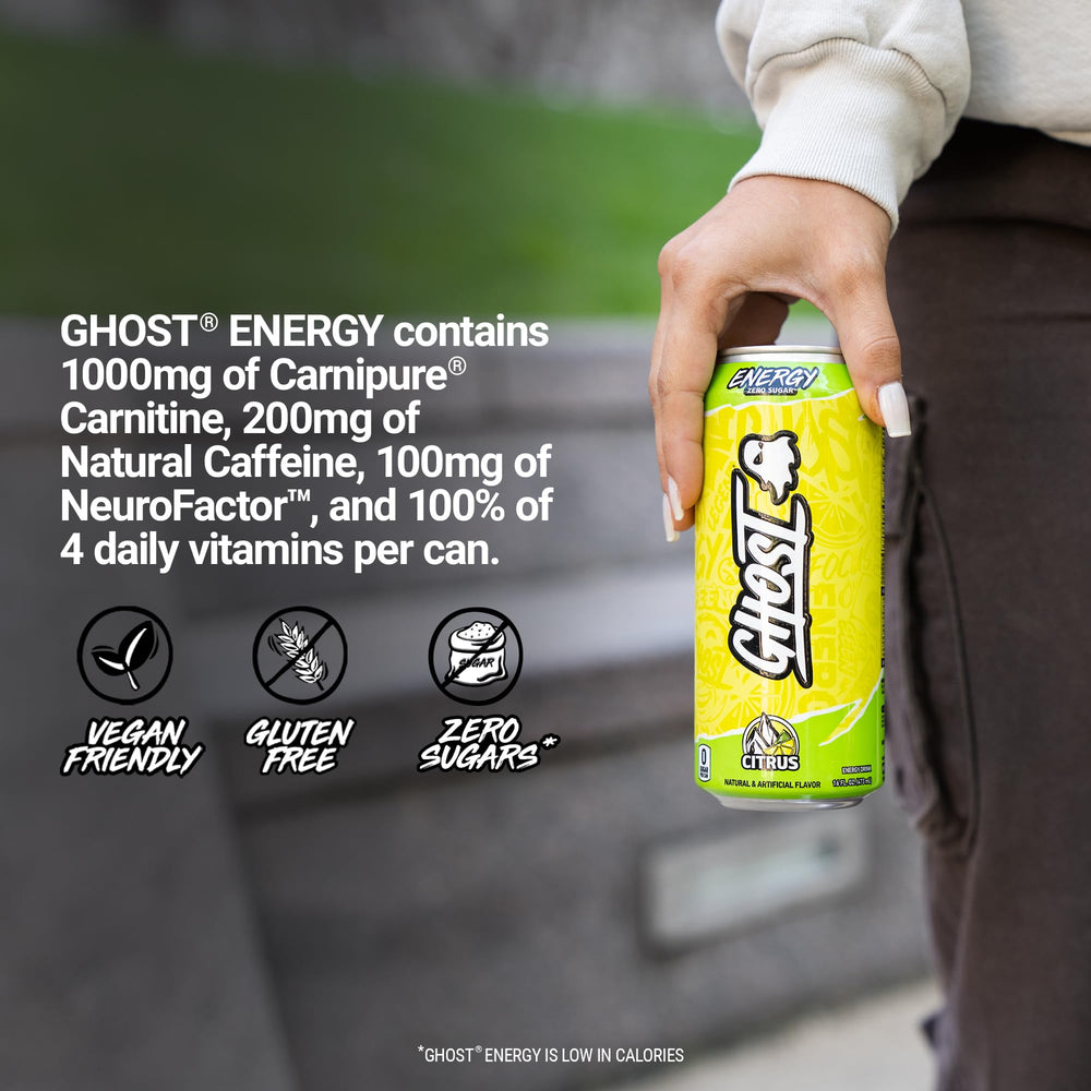 GHOST held in hand for scale demonstrating 16oz can size and on-the-go convenience