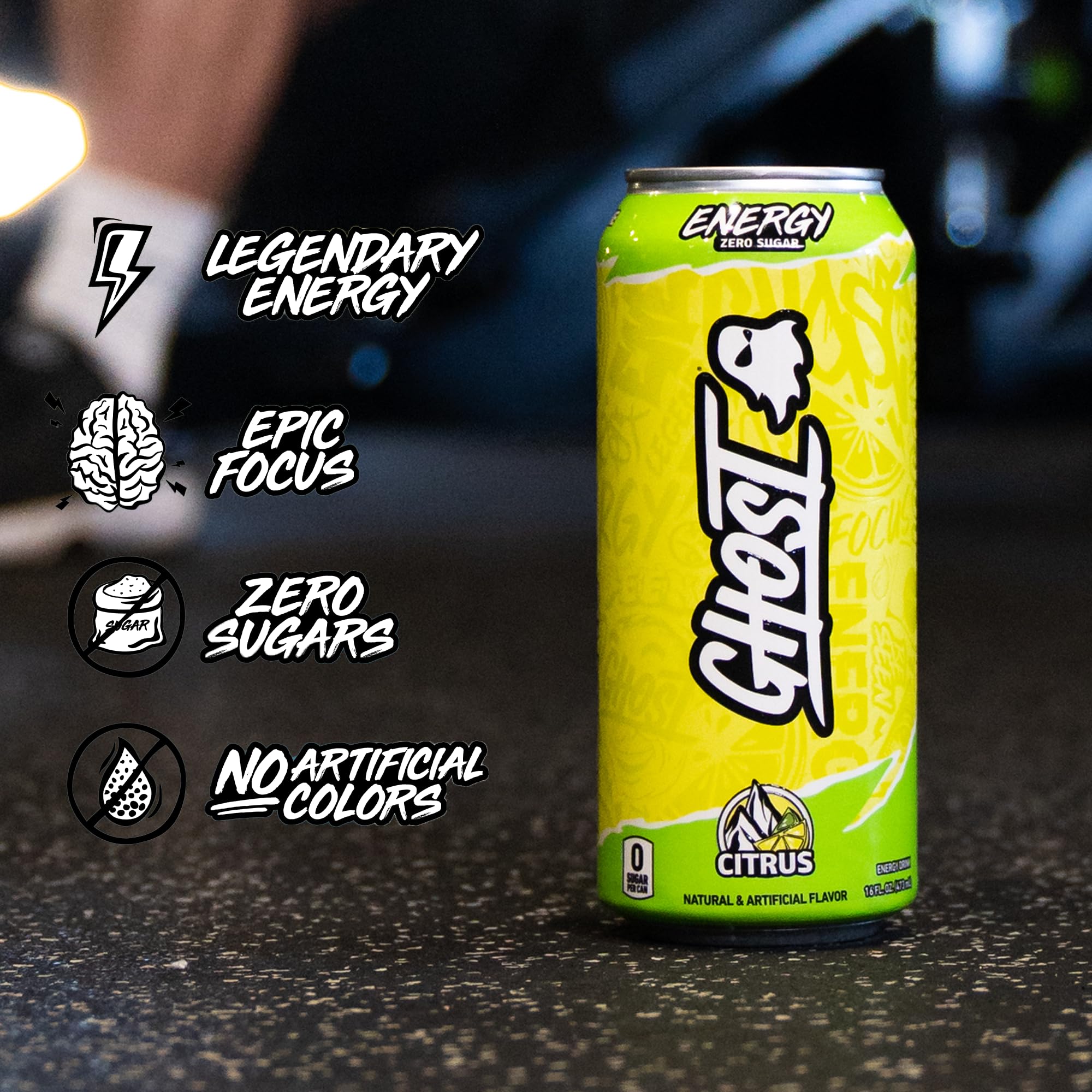 GHOST pouring fizz close-up highlighting vibrant citrus color and refreshing texture