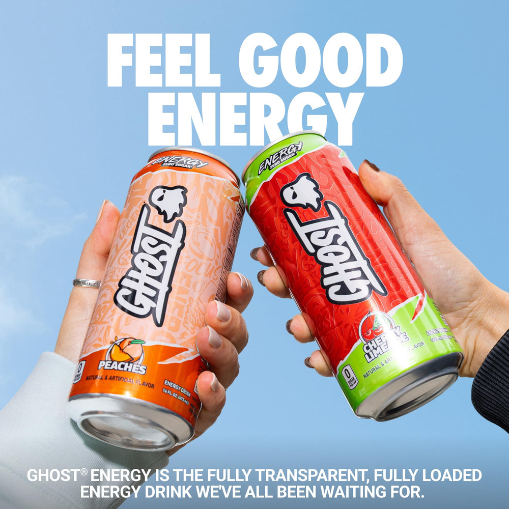 GHOST can close-up label displaying 200mg caffeine and ingredient clarity