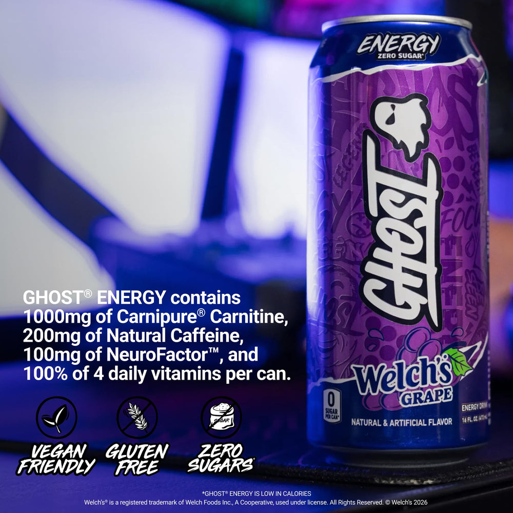 GHOST cans in fridge lifestyle shot showing convenience and ready-to-drink benefit