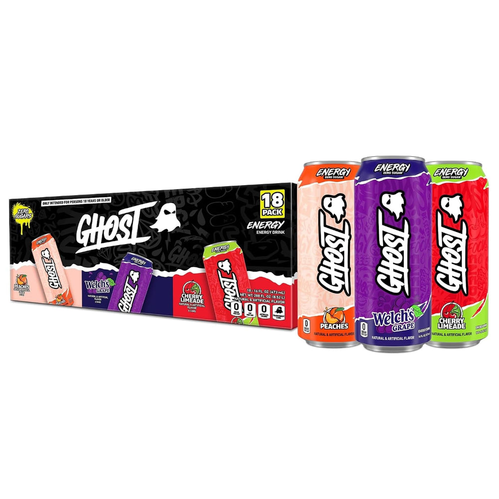 GHOST energy front packaging 18-pack showing variety and no sugar benefit