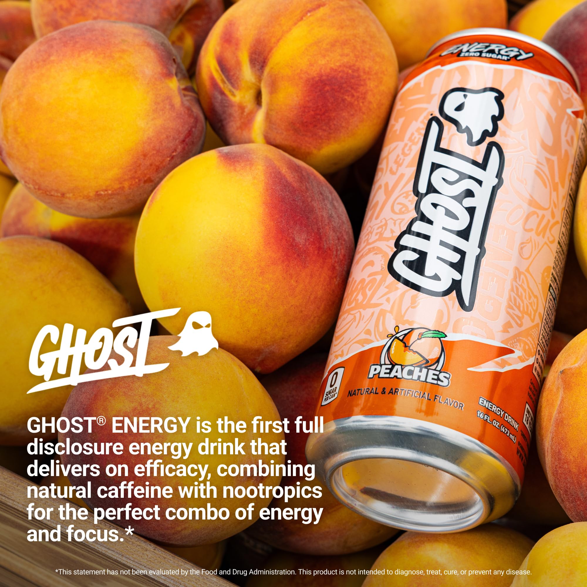 GHOST can held in hand for size comparison showing portable 16oz convenience
