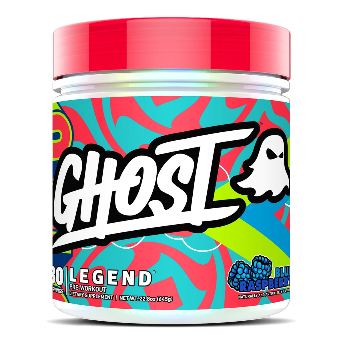 GHOST Legend front tub showing blue raspberry label and clear ingredient transparency benefit