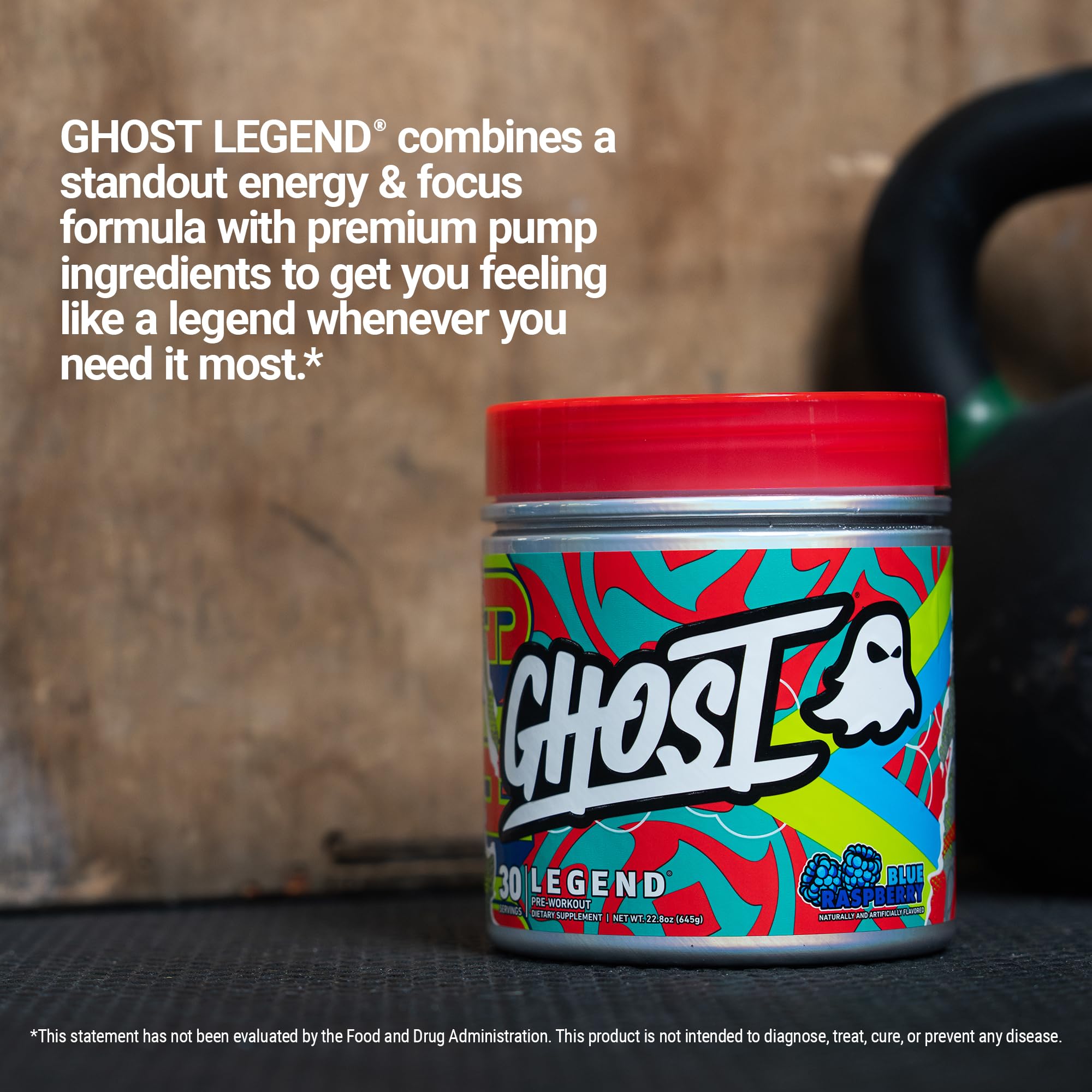 GHOST Legend tub beside measuring scale illustrating 30 servings for reliable planning