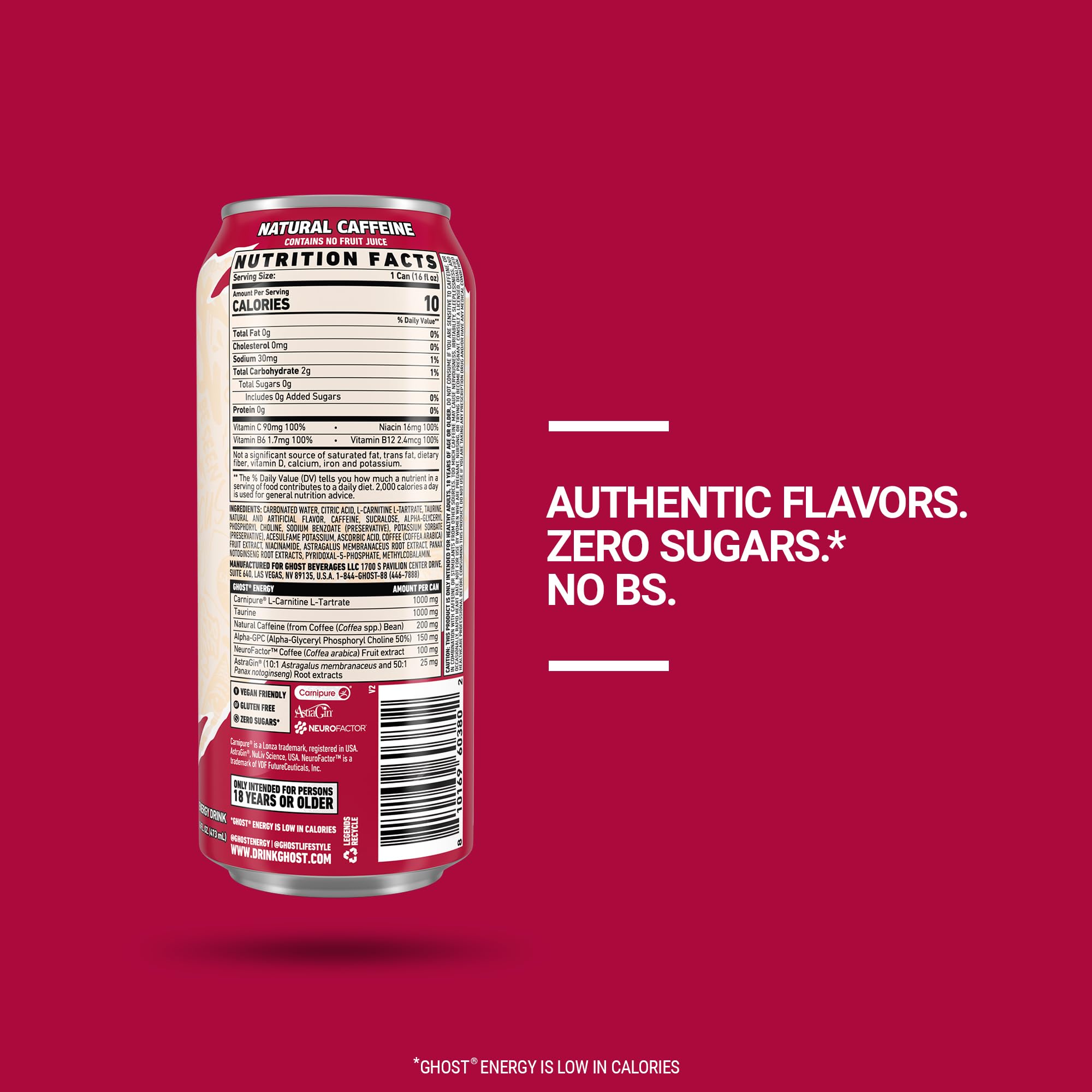 GHOST close-up of can label displaying full-disclosure ingredients and doses