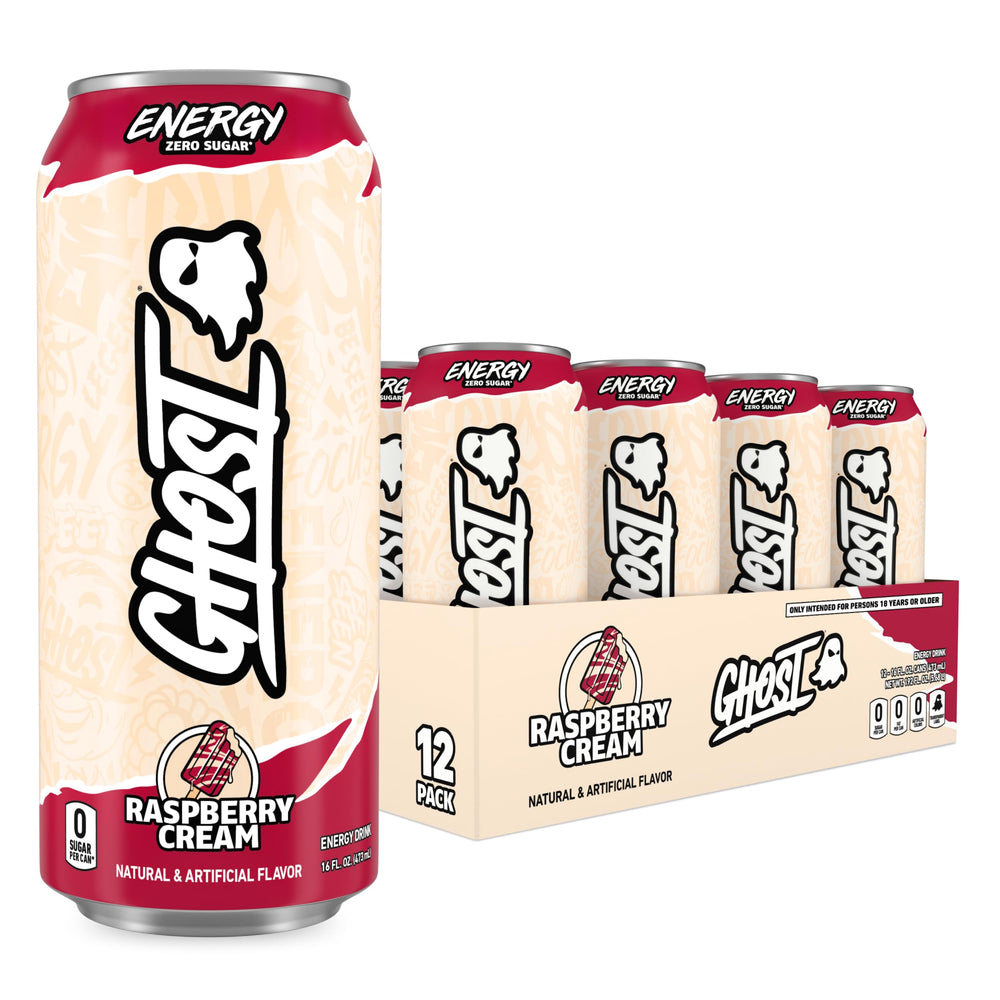 GHOST front packaging showing 12-pack and Raspberry Cream flavor benefits