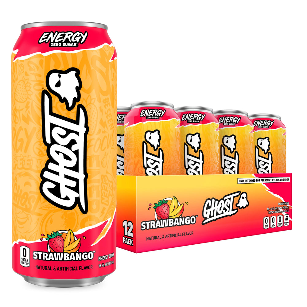 GHOST Strawbango front packaging showing bold logo and flavor benefit