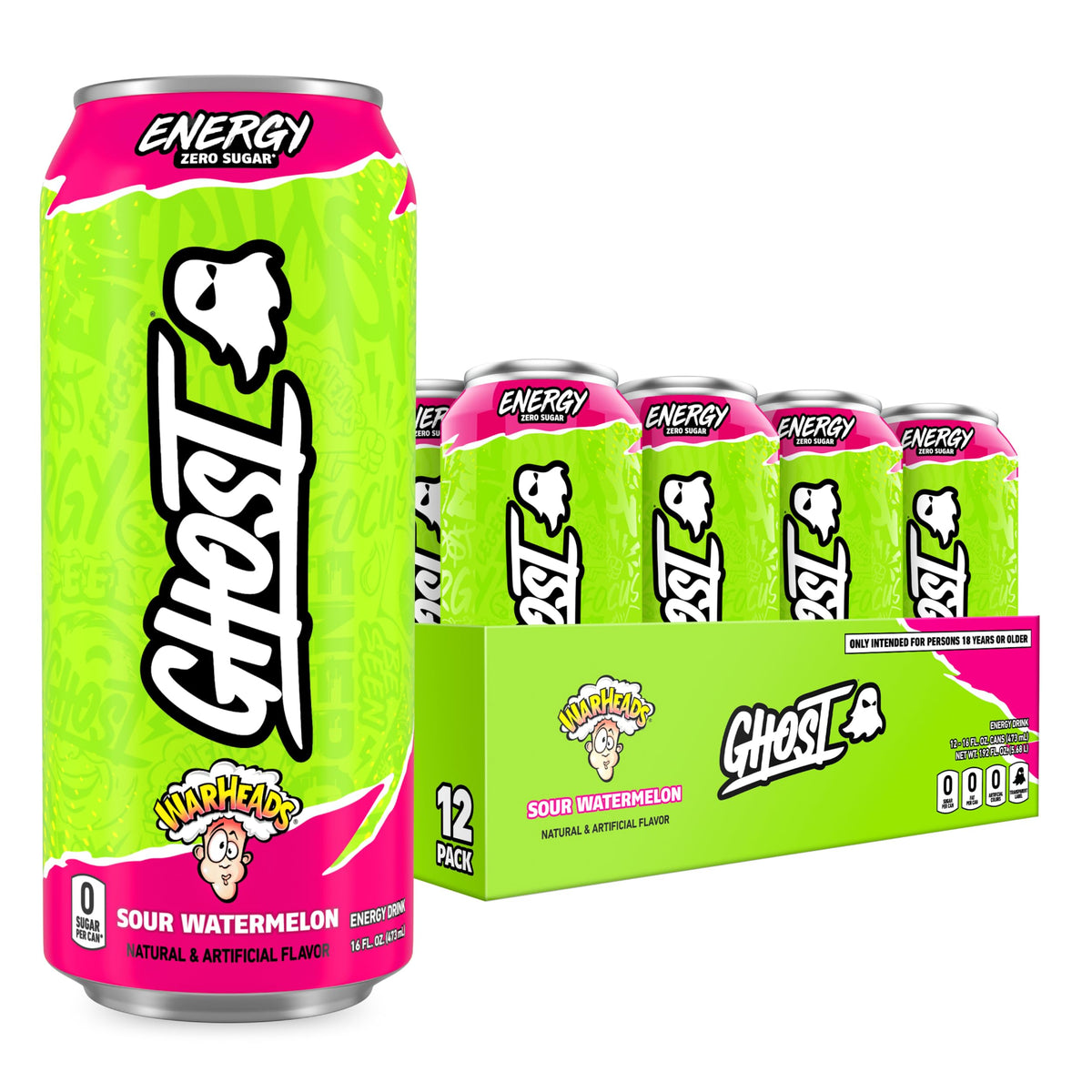 GHOST Warheads Sour Watermelon front can showing vibrant label and zero sugars benefit