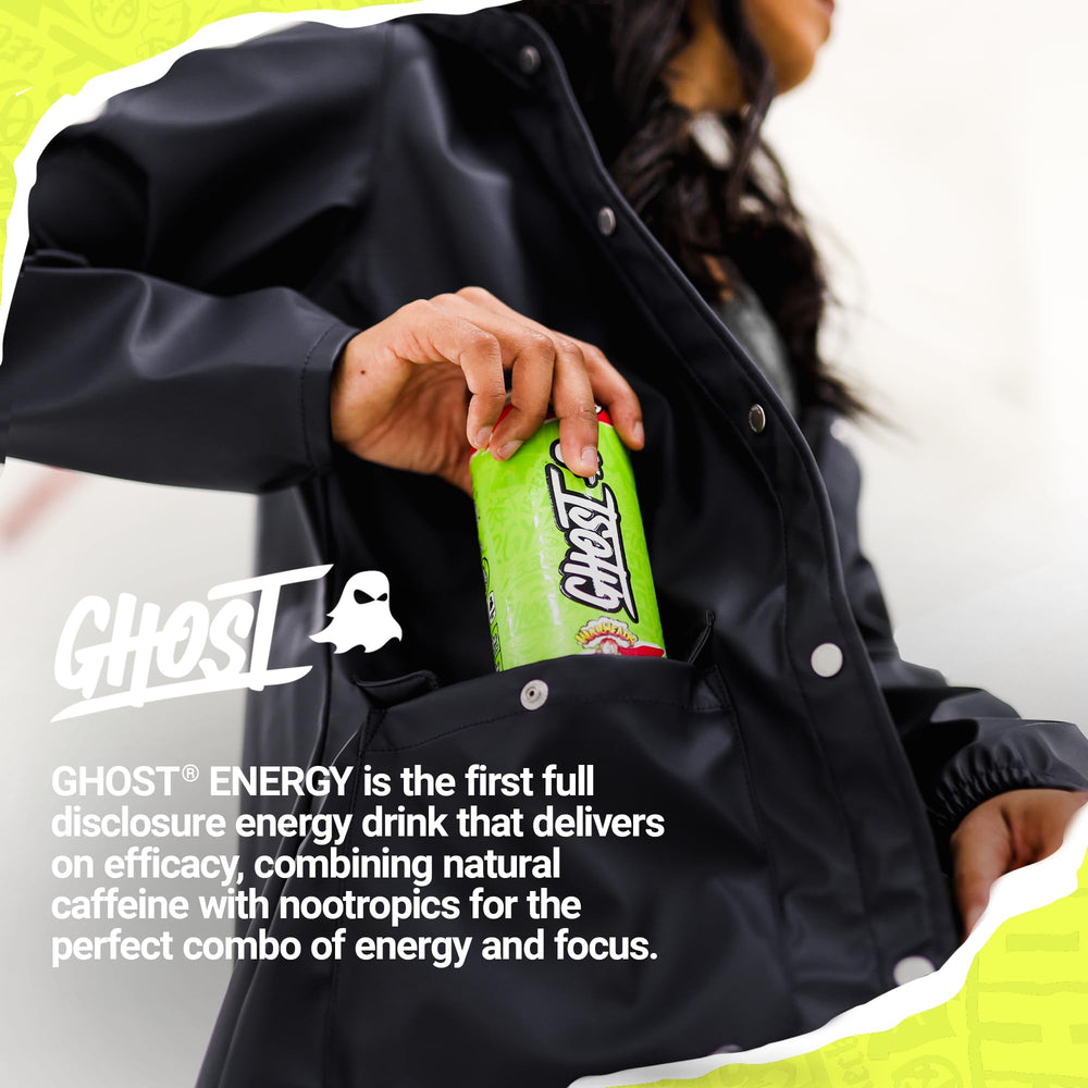 GHOST Warheads Sour Watermelon can beside gym gear illustrating energy for workouts