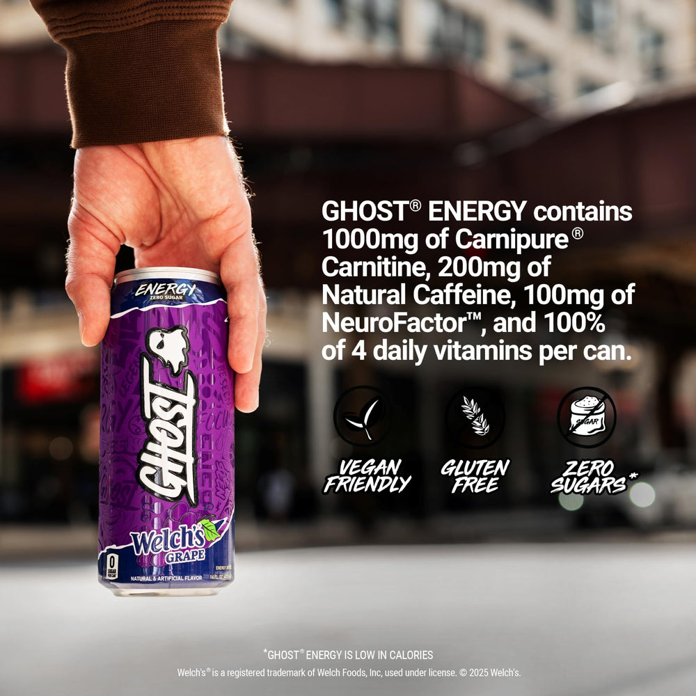 GHOST Welch's Grape 16oz can in hand showing real-world size and convenience