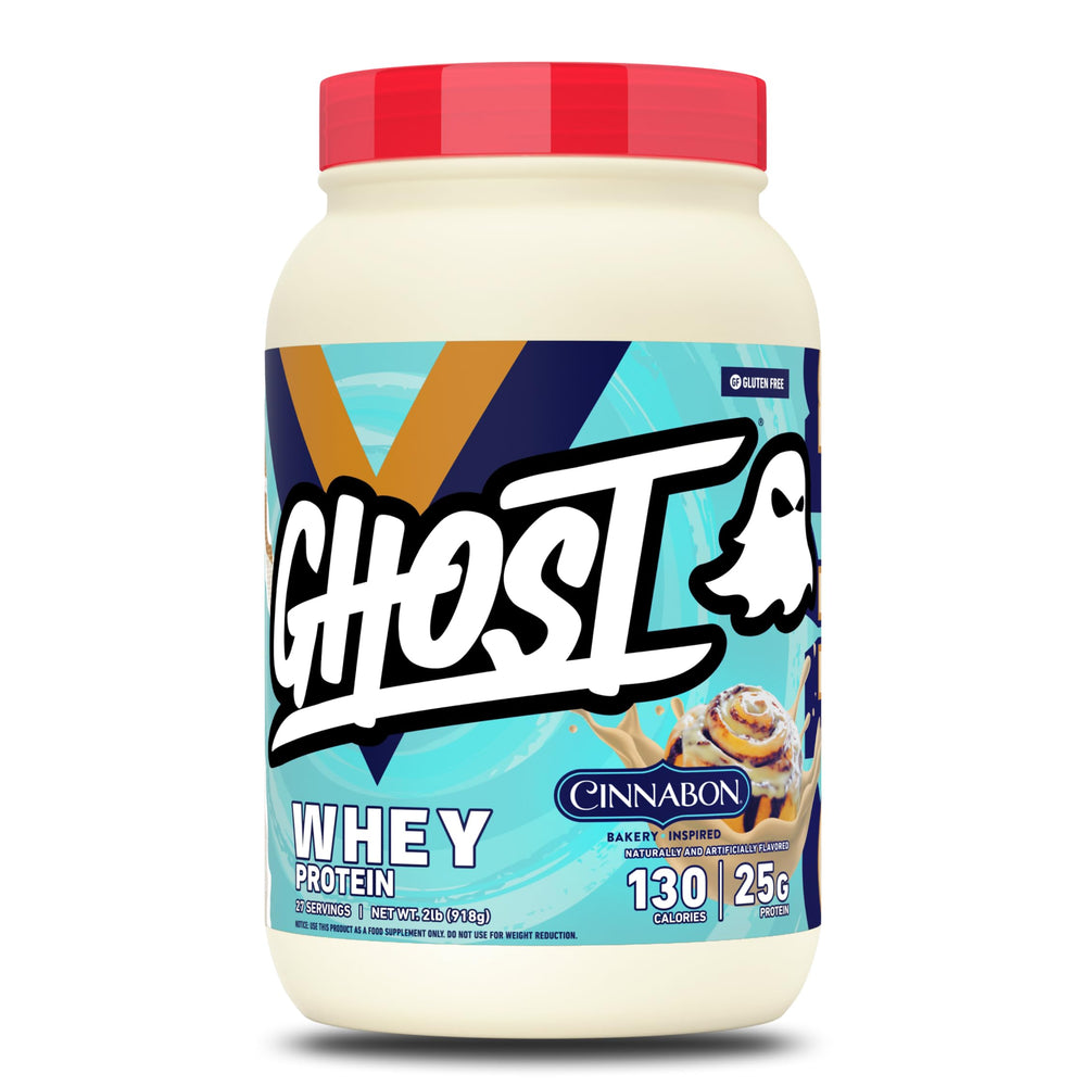 GHOST whey x Cinnabon front label showing flavor and protein amount