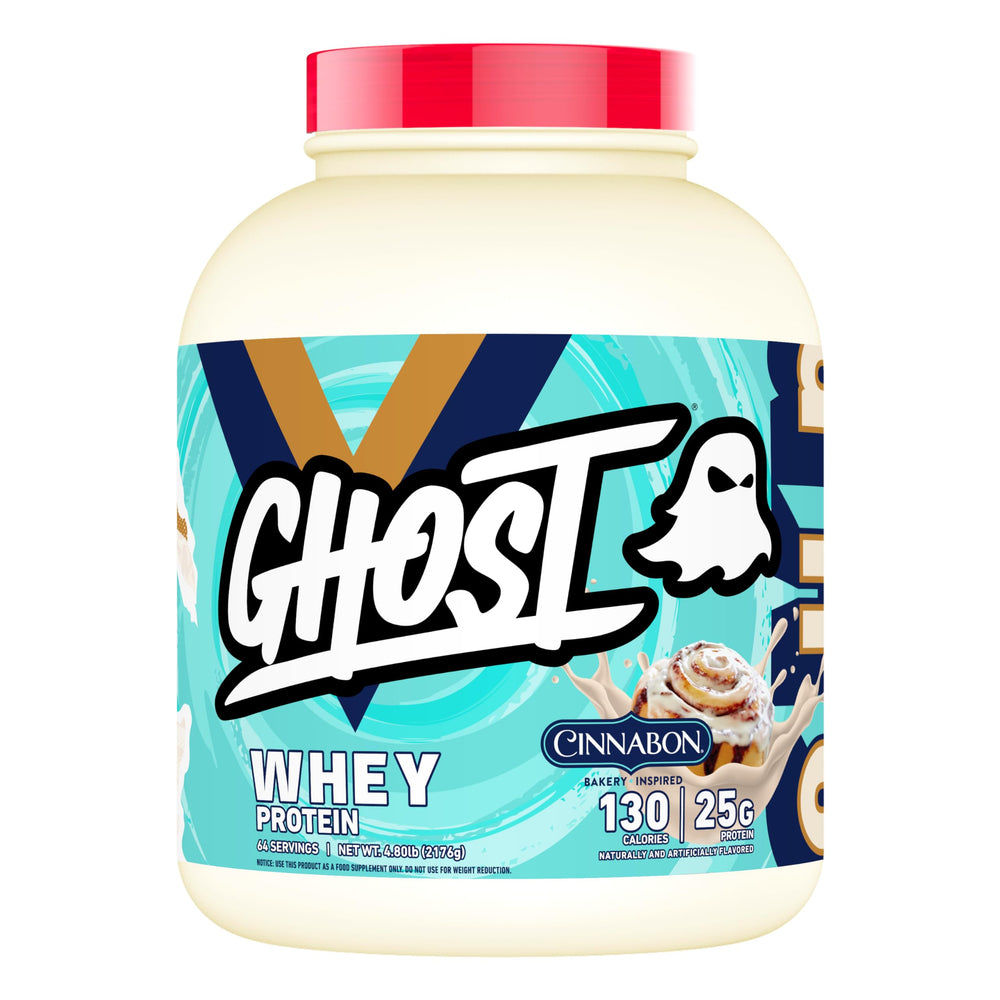 GHOST whey x cinnabon tub front view showing label and 5 lb size benefit
