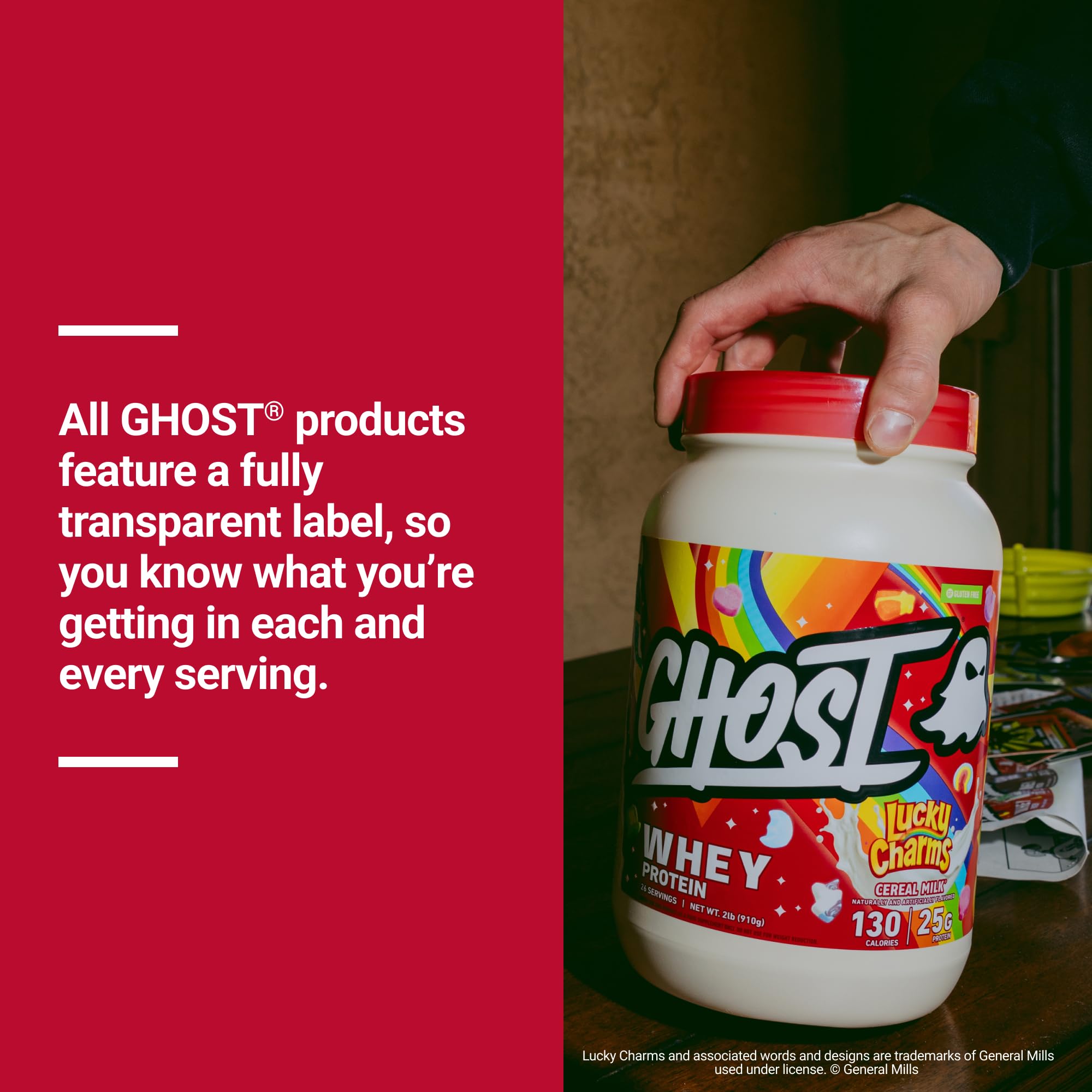 GHOST scoop beside nutrition label showing fully disclosed protein breakdown