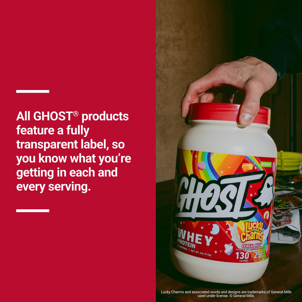 GHOST scoop beside nutrition label showing fully disclosed protein breakdown
